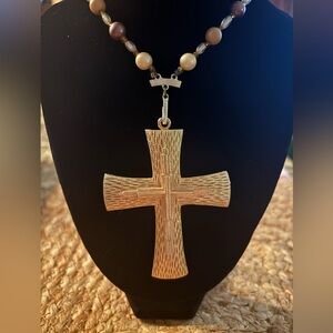 Textured Gold Cross Necklace with Beaded Chain